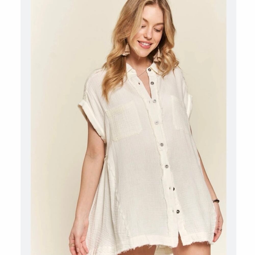 Gilli Cream Cotton Gauze Button Front Sleeveless Shirt Dress Medium
